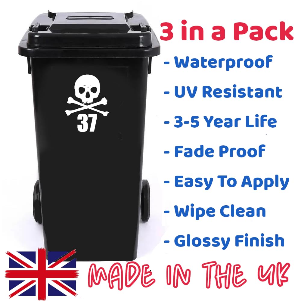 Pack of 3 Skull & Cross Bones House Number - Recycling Box - Wheelie Bin Sticker - Easy to Apply
